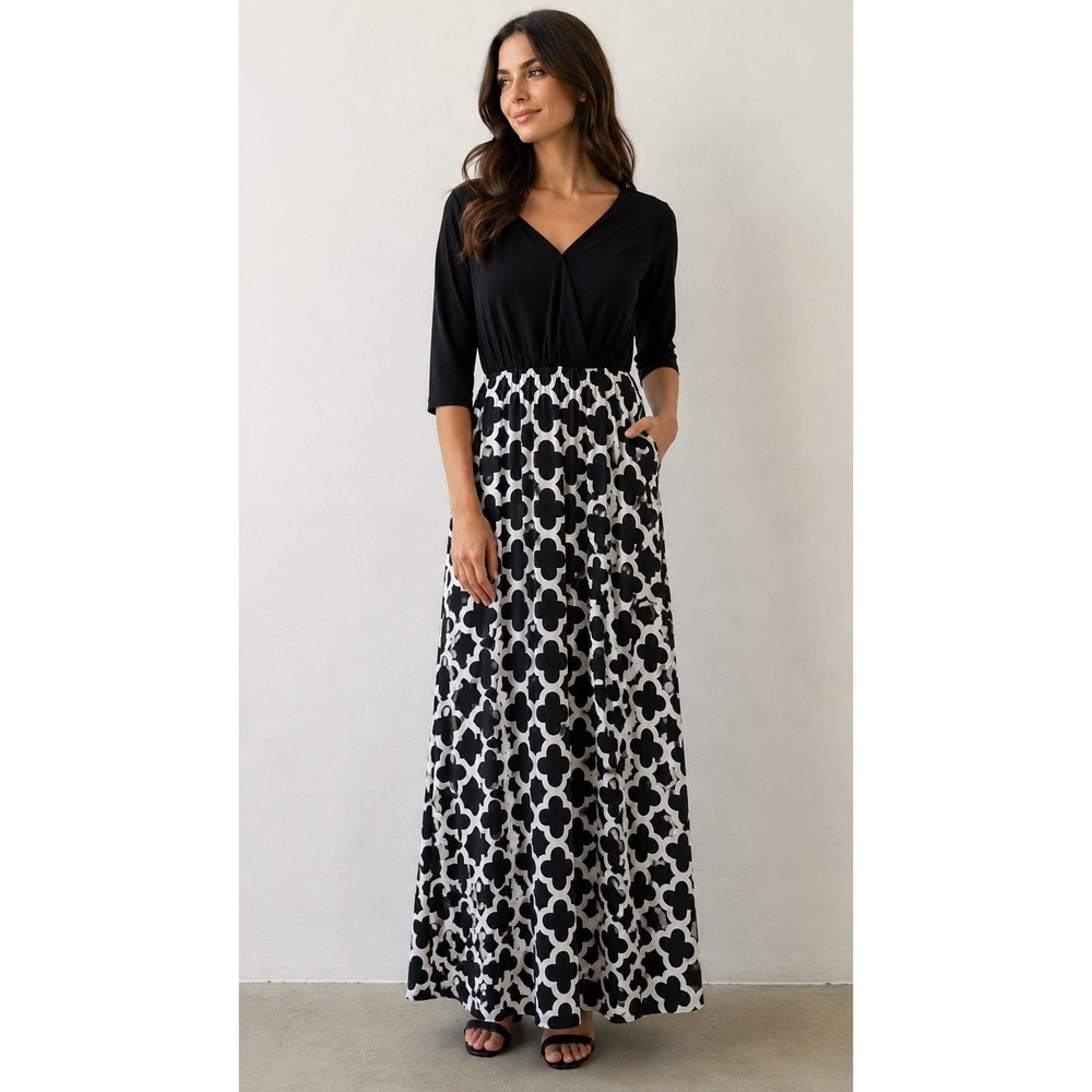 Bella Flore Womens Black White Quatrefoil Print Maxi Dress V-Neck 3/4 Sleeve S